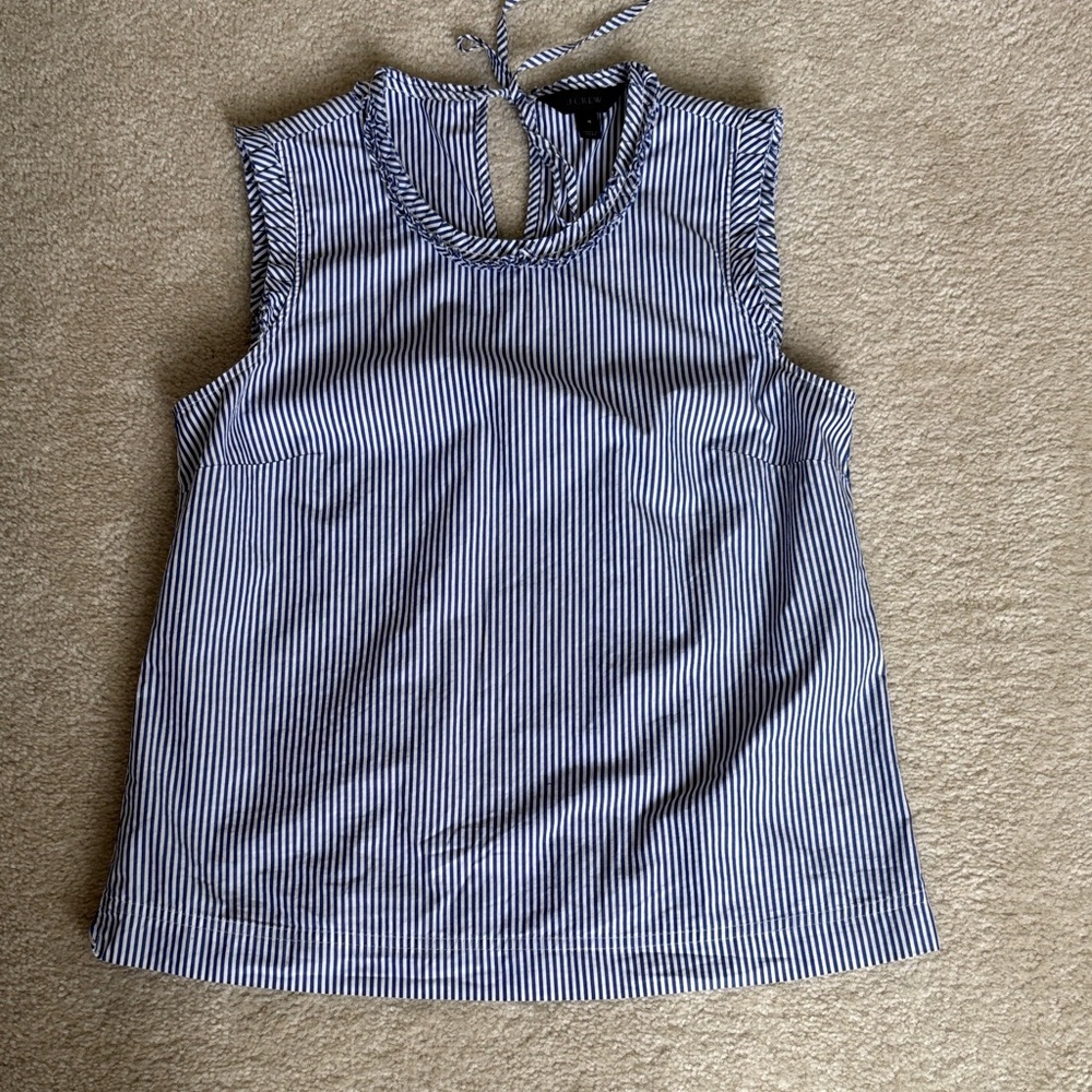 EUC J. Crew Blue and White Striped Sleeveless Ruffle Blouse - 4